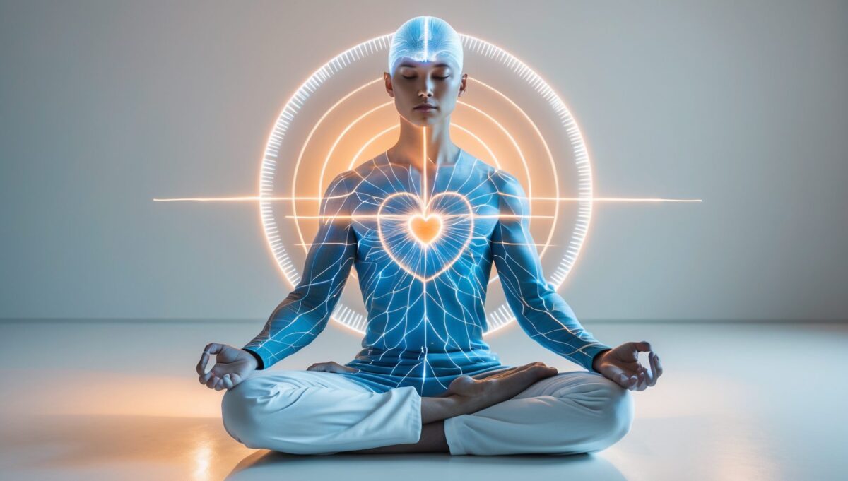 Silhouette de verre dépoli en méditation avec lumière cuivrée rayonnant depuis la poitrine et motifs bleus dans la tête.