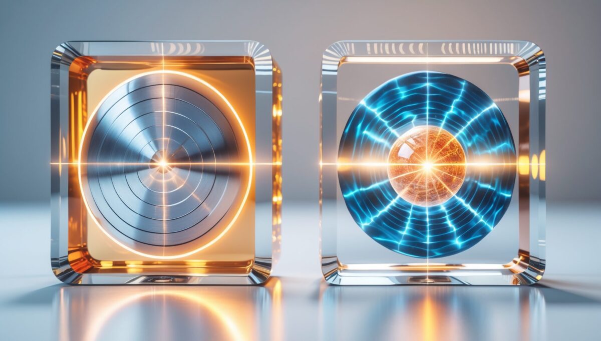 Deux cubes de verre côte à côte contenant un bouclier argenté et des ondes de lumière ambrée depuis un orbe cuivré.