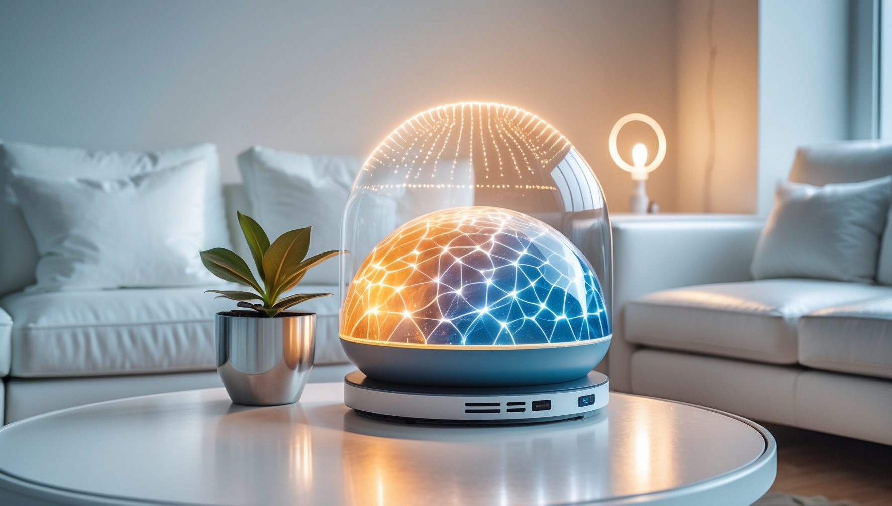 Salon blanc minimaliste avec dôme ambré lumineux sur table d'appoint et lumière ambiante douce.