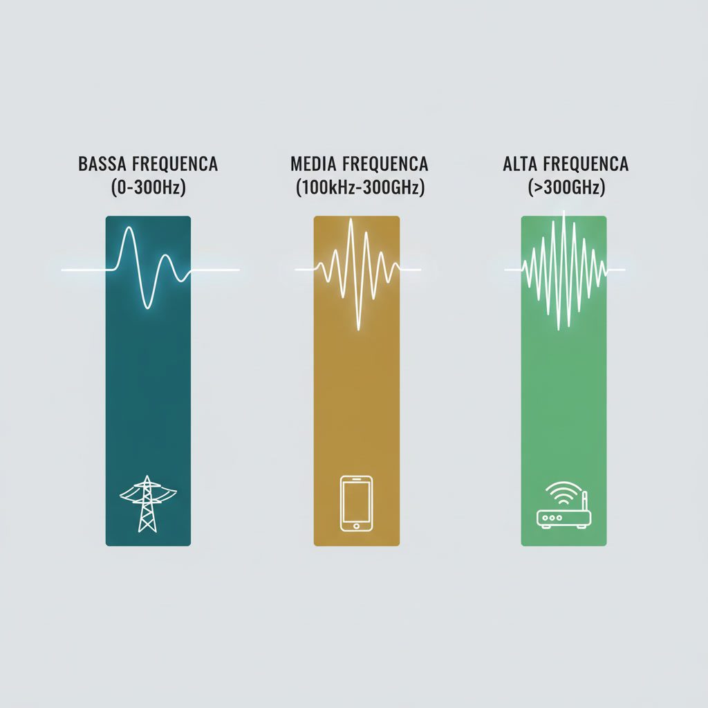 Infografica che illustra le tre gamme di frequenza EMF: bassa, media e alta frequenza con esempi di dispositivi