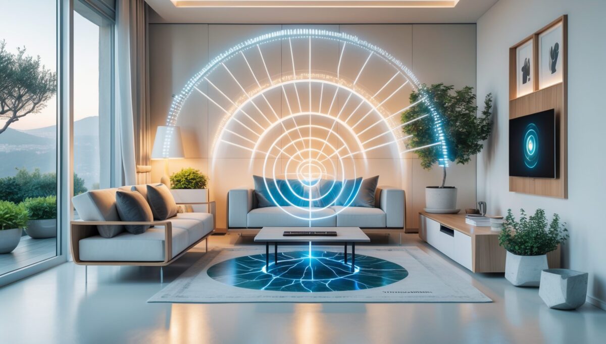 Soggiorno italiano moderno che mostra fonti invisibili di campi EMF con visualizzazione stilizzata delle radiazioni