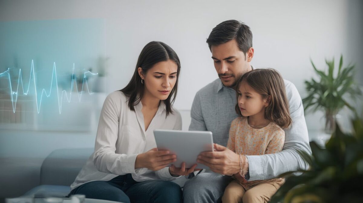 Famiglia italiana multigenerazionale discute consapevolezza sulla salute e sensibilità elettromagnetica in ambiente domestico moderno