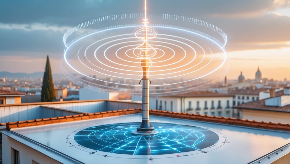 Antenna 5G su tetto italiano con visualizzazione artistica delle diverse bande di frequenza elettromagnetiche