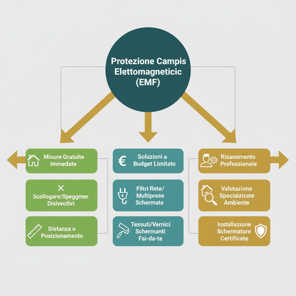 Diagramma di flusso decisionale per strategia di protezione EMF con tre percorsi: misure immediate, soluzioni budget e bonifica professionale