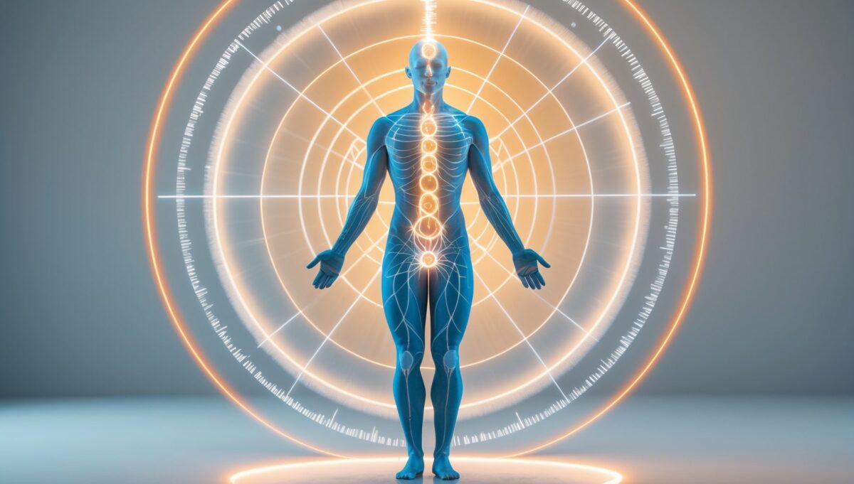 Visualizzazione del campo bioenergetico umano armonizzato con protezione EMF e geometria sacra concentrica