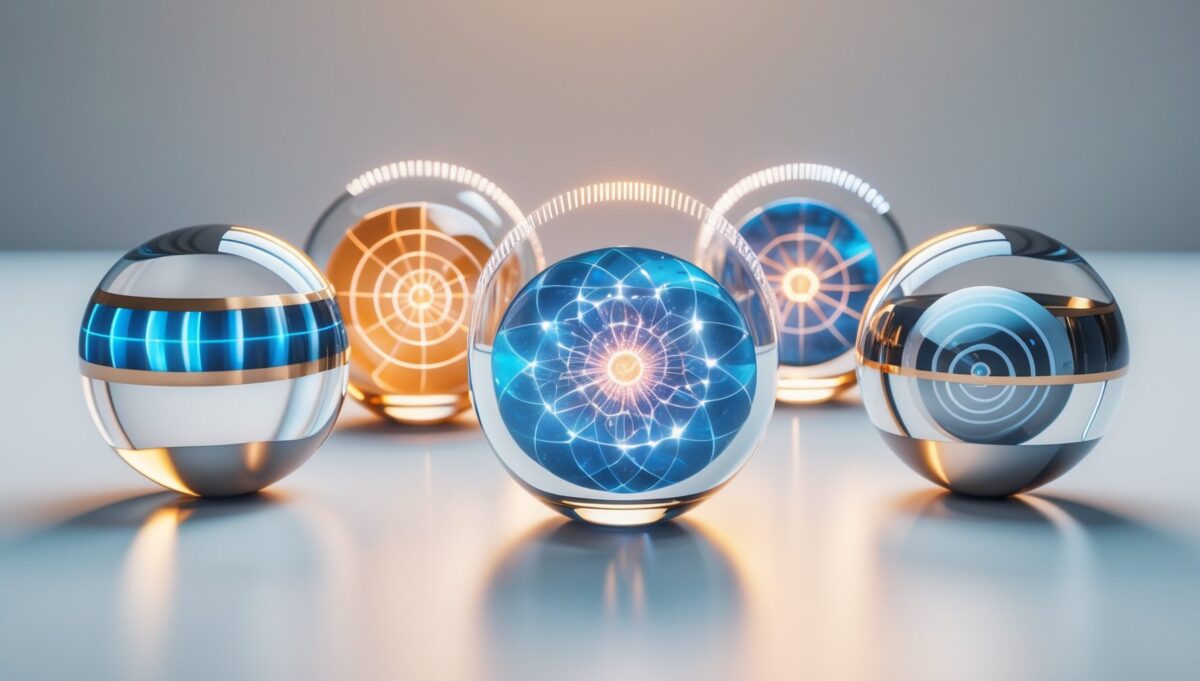 خمس كرات زجاجية عائمة تحتوي على أنماط موجية، بلورات، حلقات ترددية، حقل التواء، وقوام أورجون