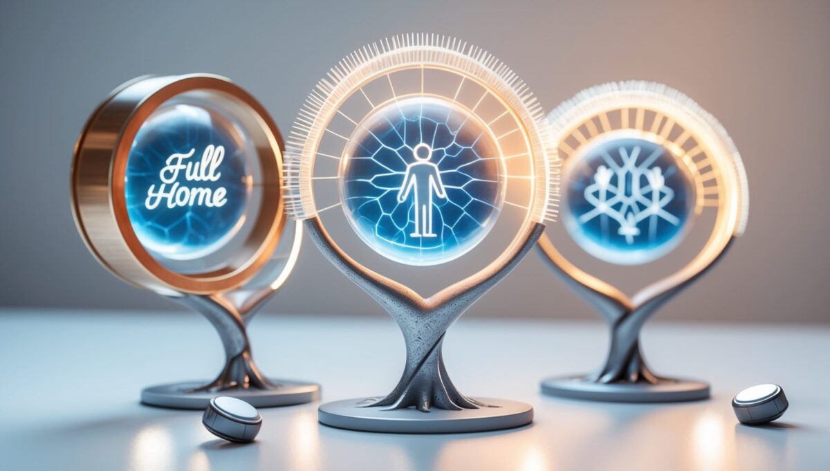 شجرة قرار ثلاثية الأبعاد من الزجاج المصنفر مع ثلاثة مسارات تؤدي إلى أيقونات نحاسية وزرقاء وفضية