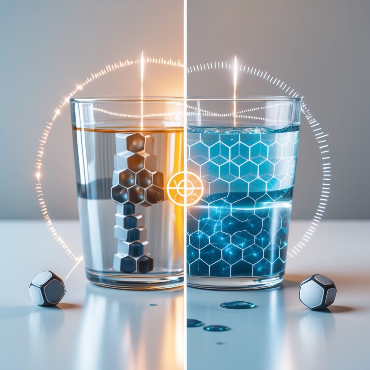 Comparaison illustrée entre eau normale et eau EZ (zone d'exclusion) montrant structure hexagonale