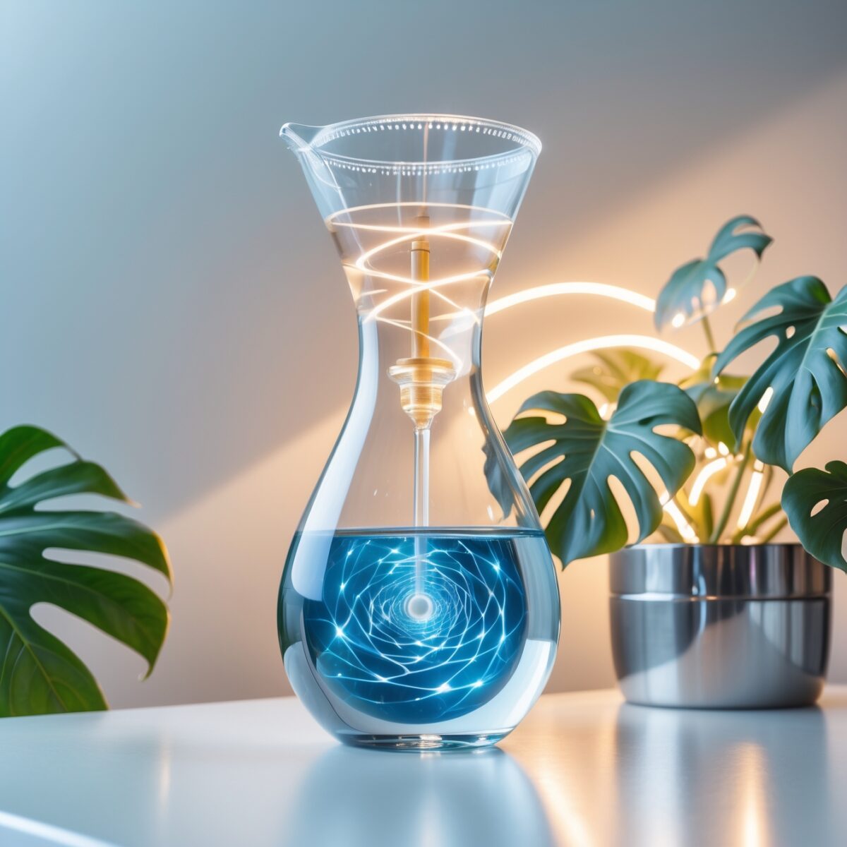 Appareil Mayu Swirl créant un tourbillon d'eau structurée avec effet lumineux doré