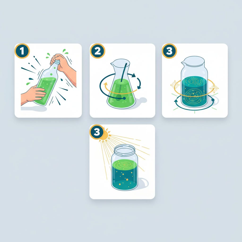 Illustration isométrique montrant trois méthodes DIY de structuration de l'eau à la maison