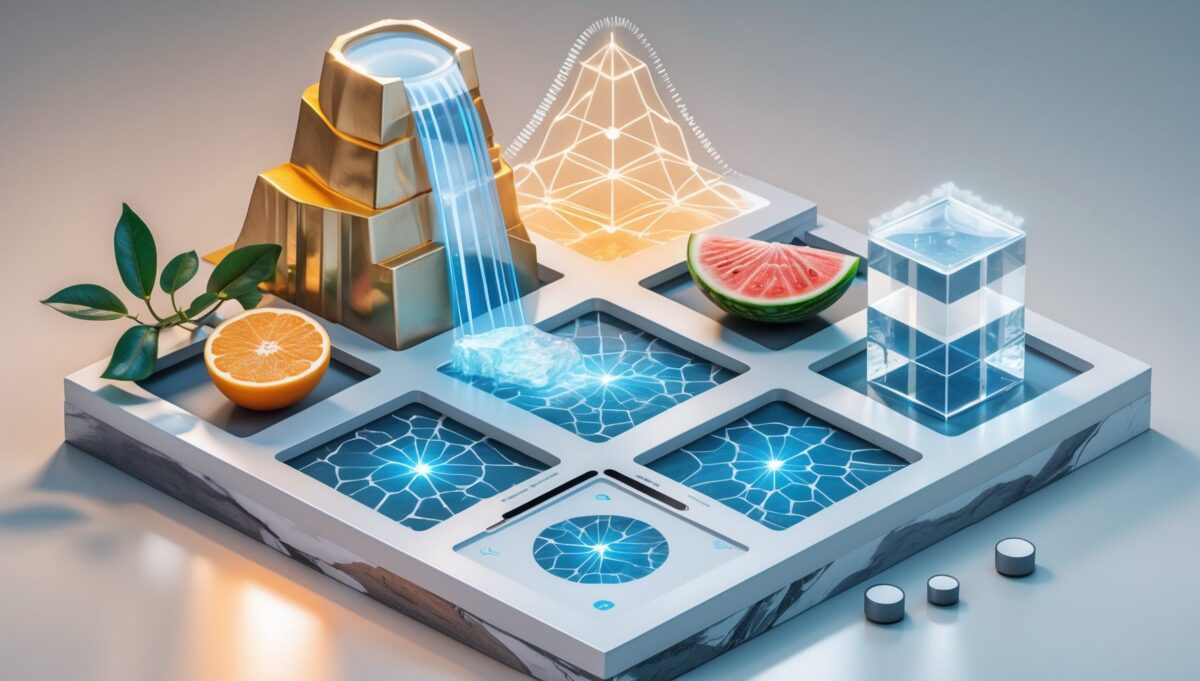 Illustrazione isometrica che mostra quattro fonti naturali di acqua strutturata: sorgenti di montagna, ghiacciai, frutti freschi e acqua intracellulare