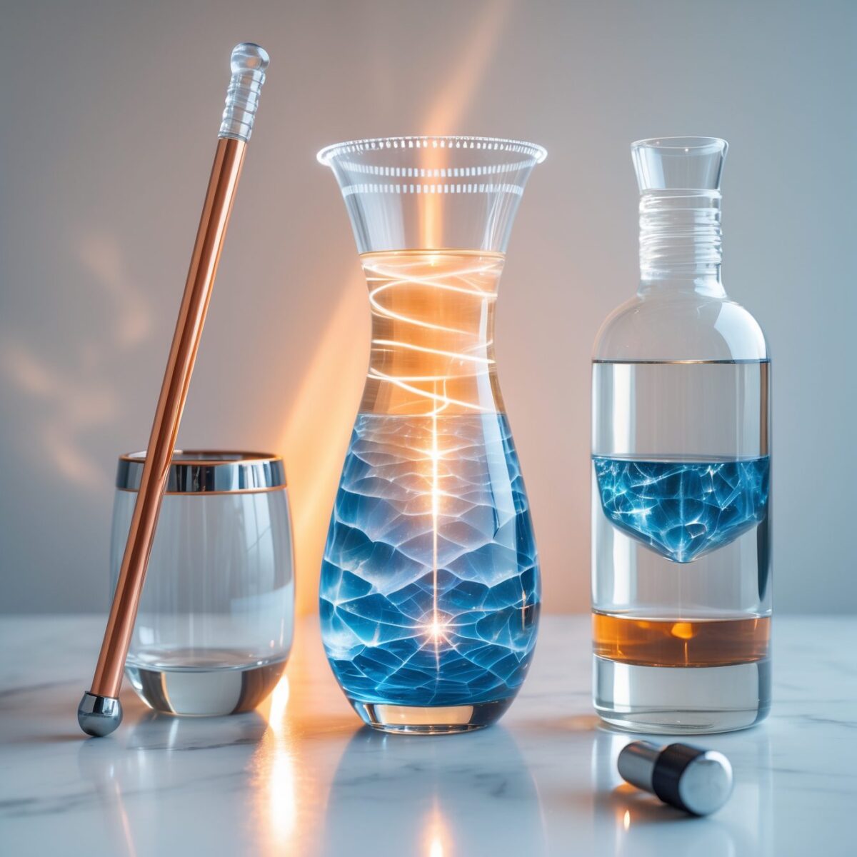 لقطة منتج فاخرة على سطح رخامي أبيض مع إبريق Mayu Swirl وعصا Analemma الزجاجية وزجاجة VitaJuwel مع بلورات أرجوانية وكوب ماء