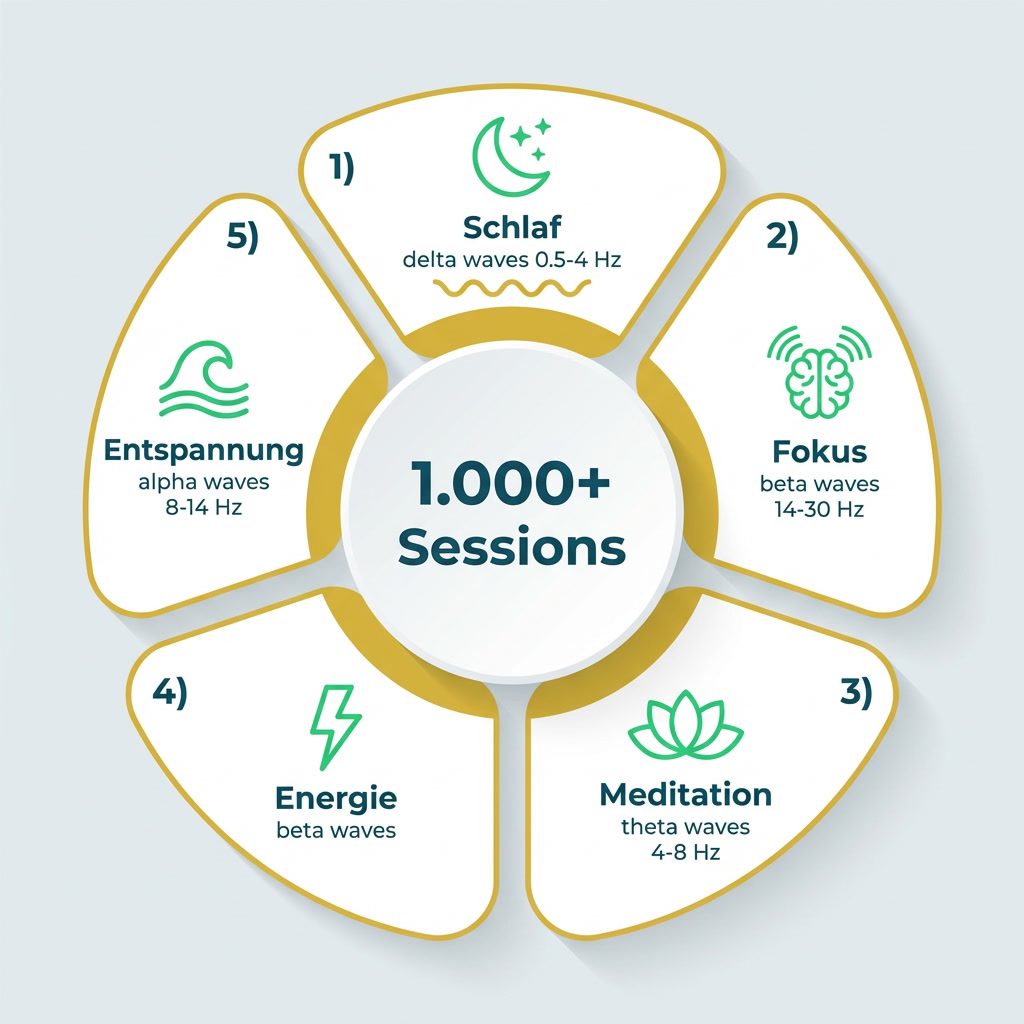 Infografik zeigt fünf Hauptkategorien der Neowake Mitgliedschaft: Schlaf, Fokus, Meditation, Energie und Entspannung mit Frequenzbereichen