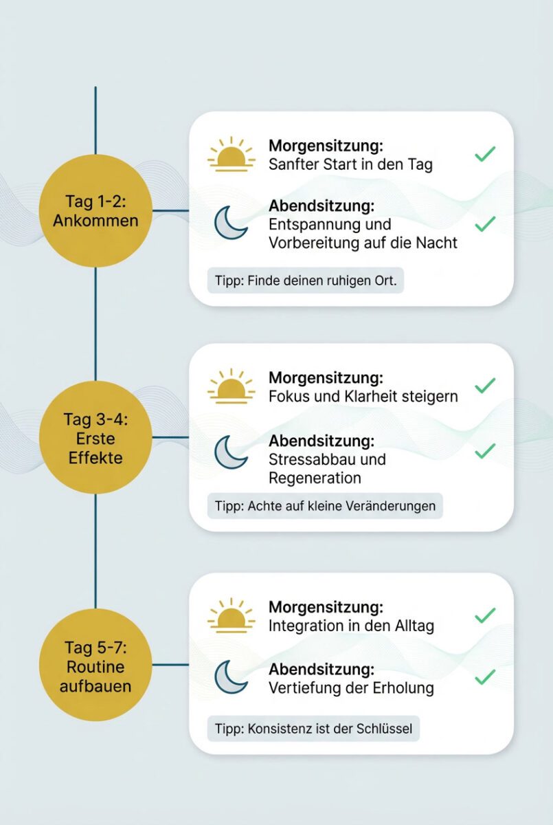 Schritt-für-Schritt-Anleitung für die ersten 7 Tage mit Neowake: Tag 1-2 Ankommen, Tag 3-4 erste Effekte, Tag 5-7 Routine aufbauen