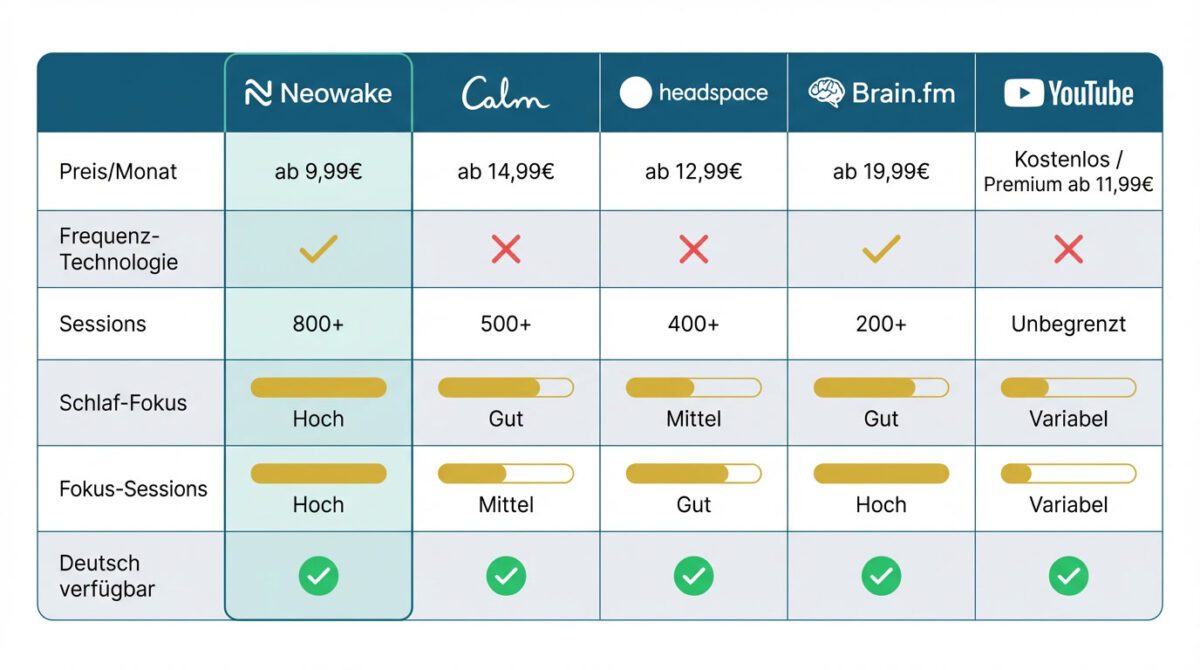 Vergleichstabelle Neowake vs Calm vs Headspace vs Brain.fm vs YouTube: Preis, Technologie, Sessions und Funktionen