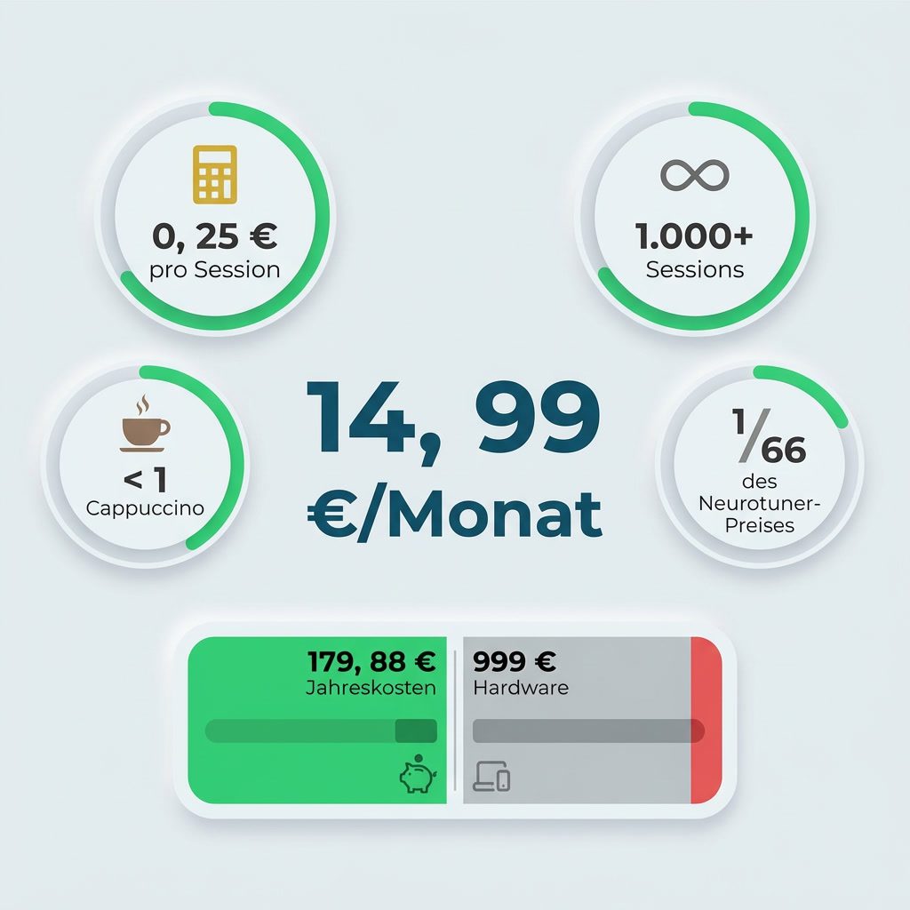 Kostenaufschlüsselung Neowake Mitgliedschaft: 14,99 Euro/Monat vs 0,25 Euro/Session bei täglicher Nutzung mit visuellen Vergleichen