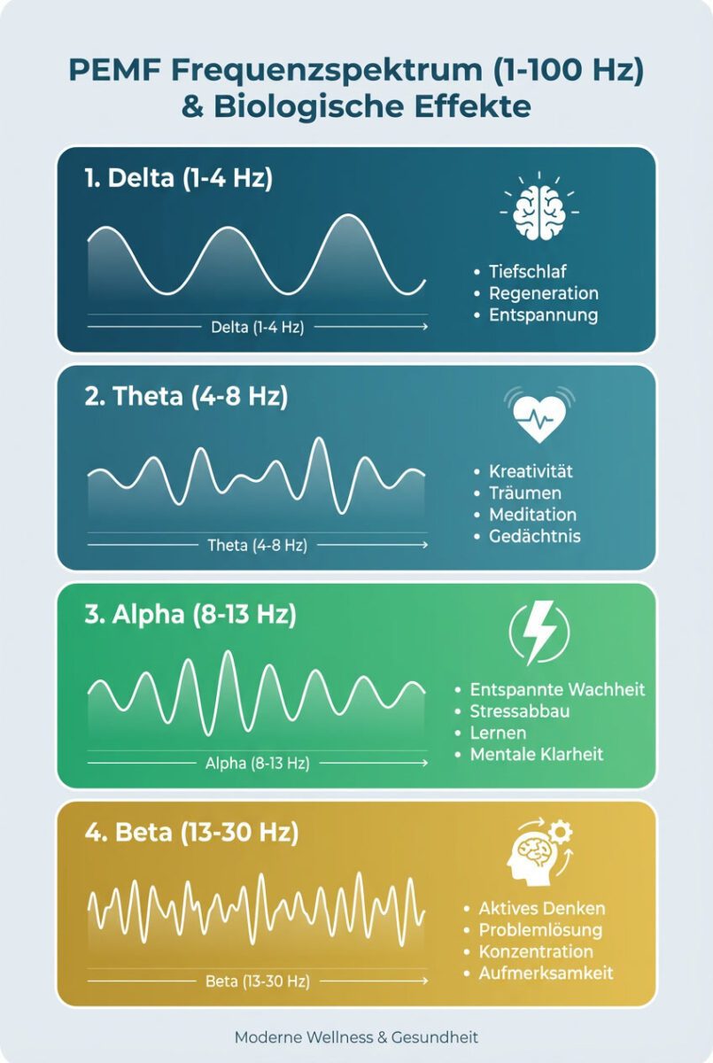 Infografik zeigt PEMF-Frequenzbereiche von 1-100 Hz mit biologischen Wirkungen: Delta für Schlaf, Theta für Entspannung, Alpha für Regeneration, Beta für Energie