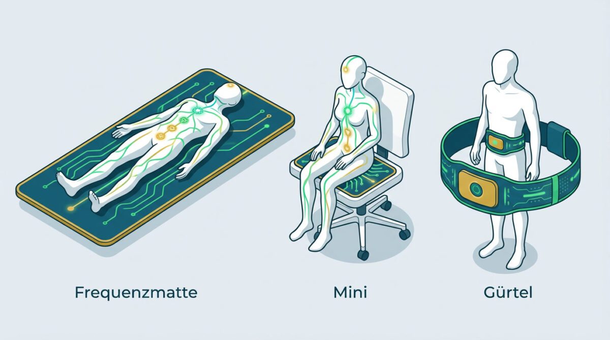 Isometrische Darstellung der drei Neowake Produkte im Größenvergleich: Frequenzmatte Vollgröße, Mini-Version und Frequenzgürtel mit Anwendungsbeispielen