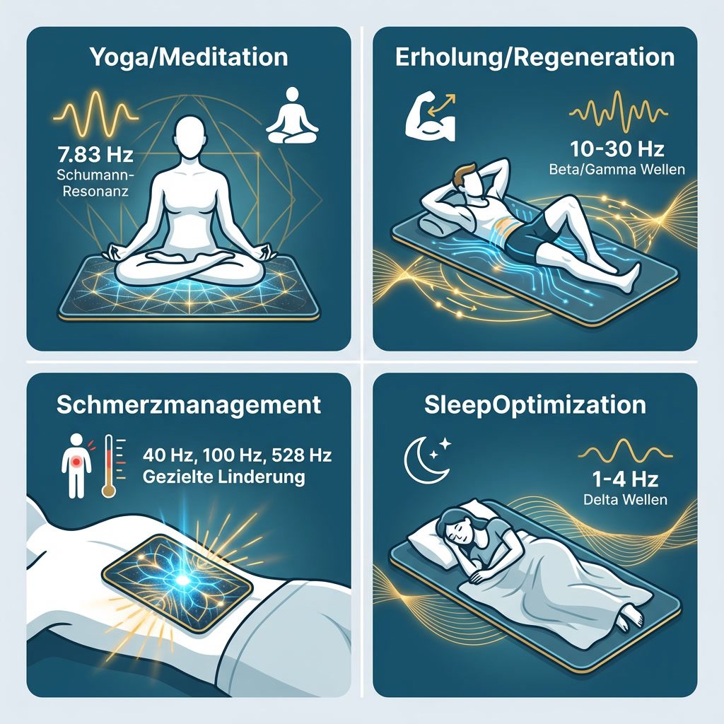 Infografik zeigt vier Hauptanwendungsbereiche der Neowake Frequenzmatte: Yoga und Meditation, Regeneration nach Sport, Schmerzlinderung und Schlafoptimierung