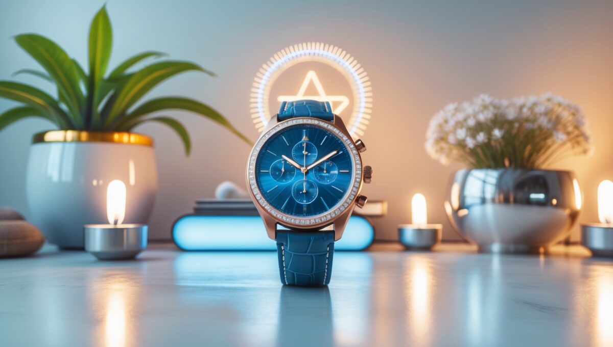 Smartwatch am Handgelenk mit subtil leuchtender Rot- und Infrarotlicht-Anmutung in minimalistischer Wellness-Tech-Ästhetik.