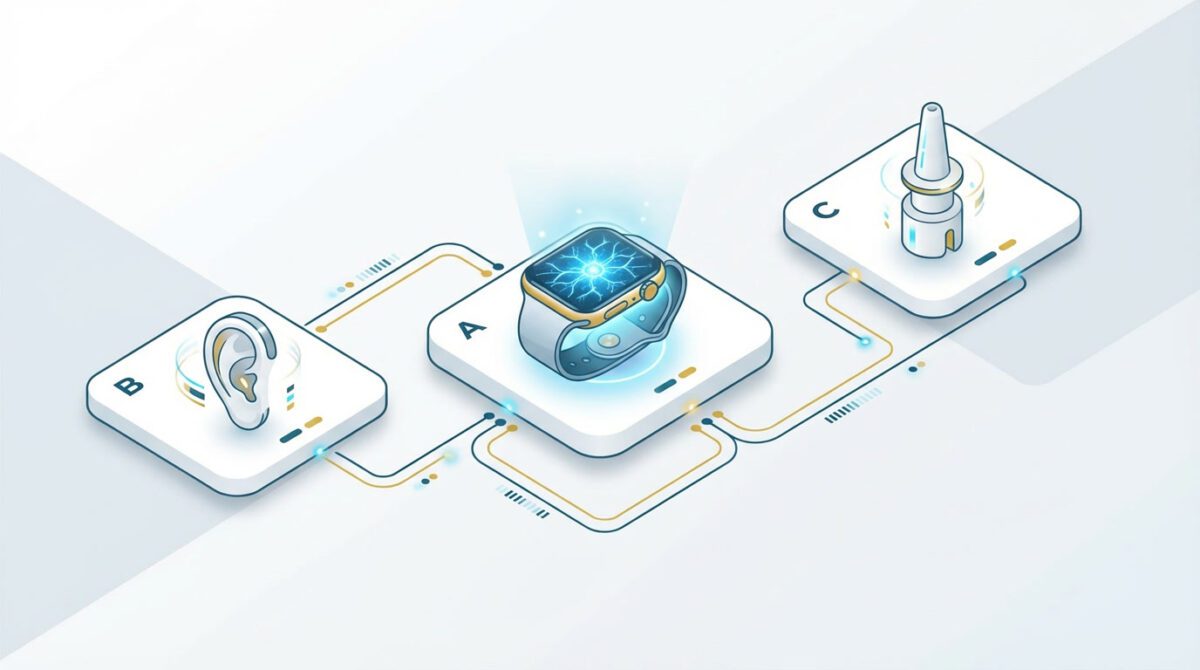 Isometrische Übersicht der Chroma Watch mit Ohren- und Nasen-Applikator als modulares Lichttherapie-System.