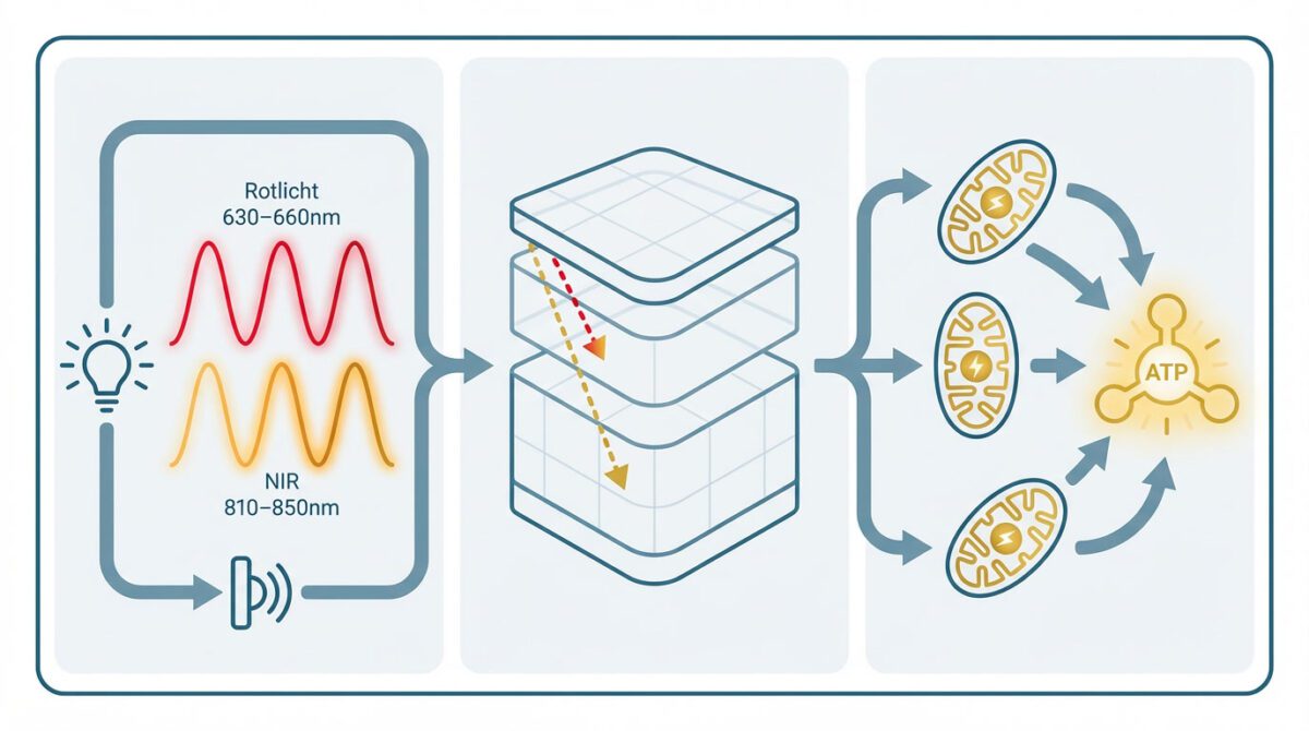 Diagramm zur Photobiomodulation: Rot- und Nahinfrarotlicht, unterschiedliche Eindringtiefe und Aktivierung der zellulären Energieproduktion.