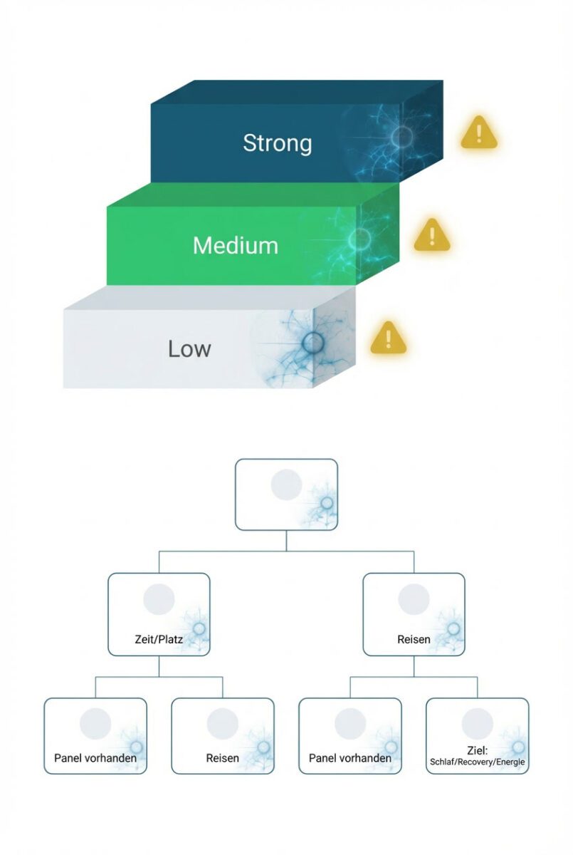 Infografik mit Evidenzstufen und Entscheidungsrahmen zur Einordnung der Chroma Watch zwischen Wissenschaft, Nutzen und Kaufkriterien.