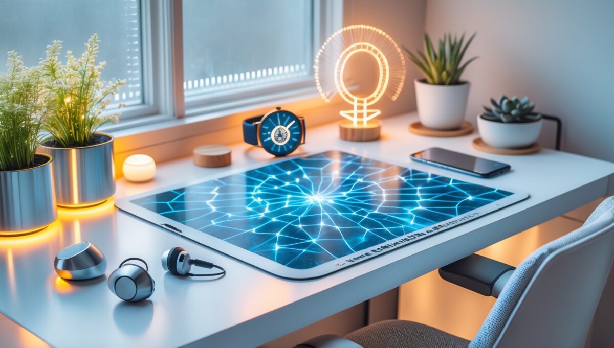 „Minimalistisches Biohacking-Setup mit Smartwatch, Kopfhörern und abstrakten Frequenzwellen als Titelbild zur Neowake-Bewertung.“