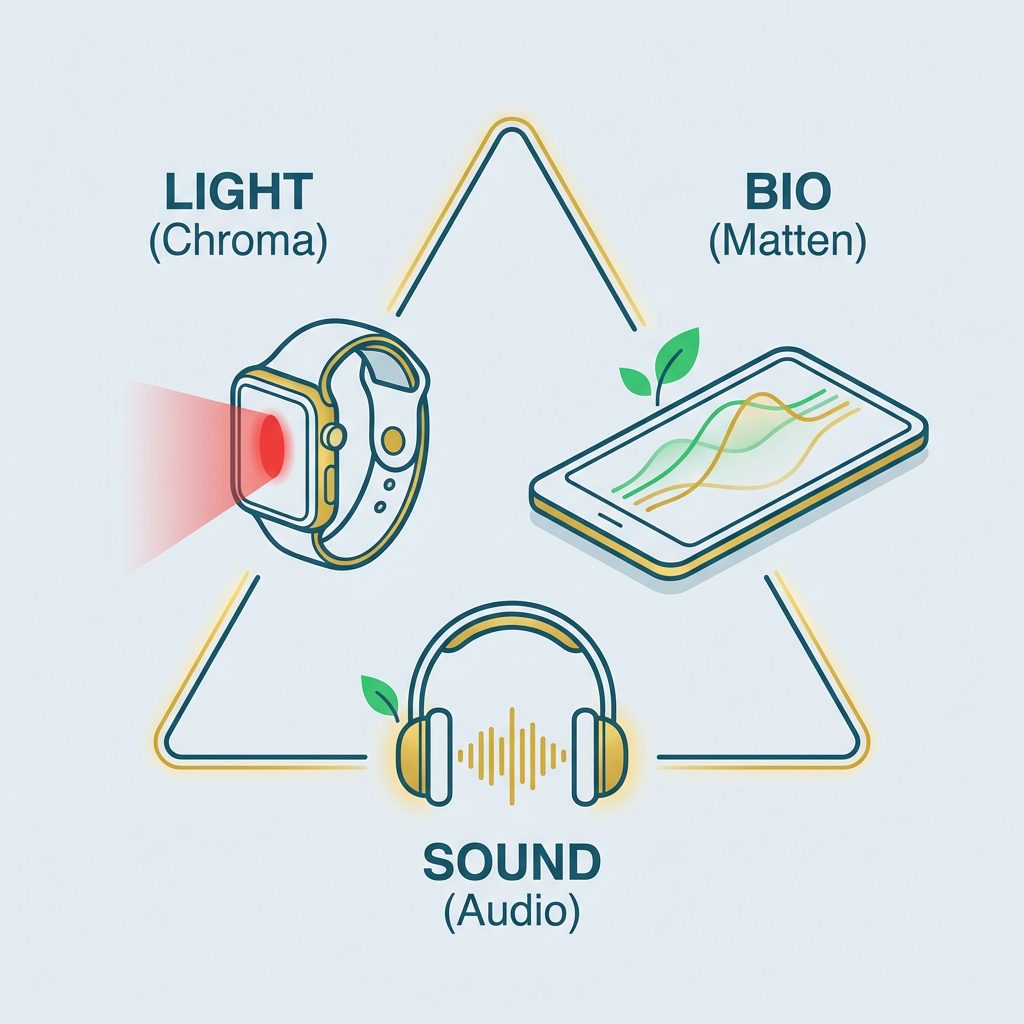 „Infografik: Neowakes Drei-Säulen-System aus Light (Chroma), Bio (Frequenzmatten) und Sound (Audio).“