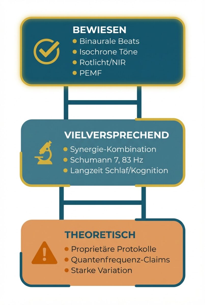 „Infografik zur wissenschaftlichen Einordnung: Bewiesen, vielversprechend und theoretisch – inkl. Beispiele aus Binaural Beats, Rotlicht/NIR und PEMF.“