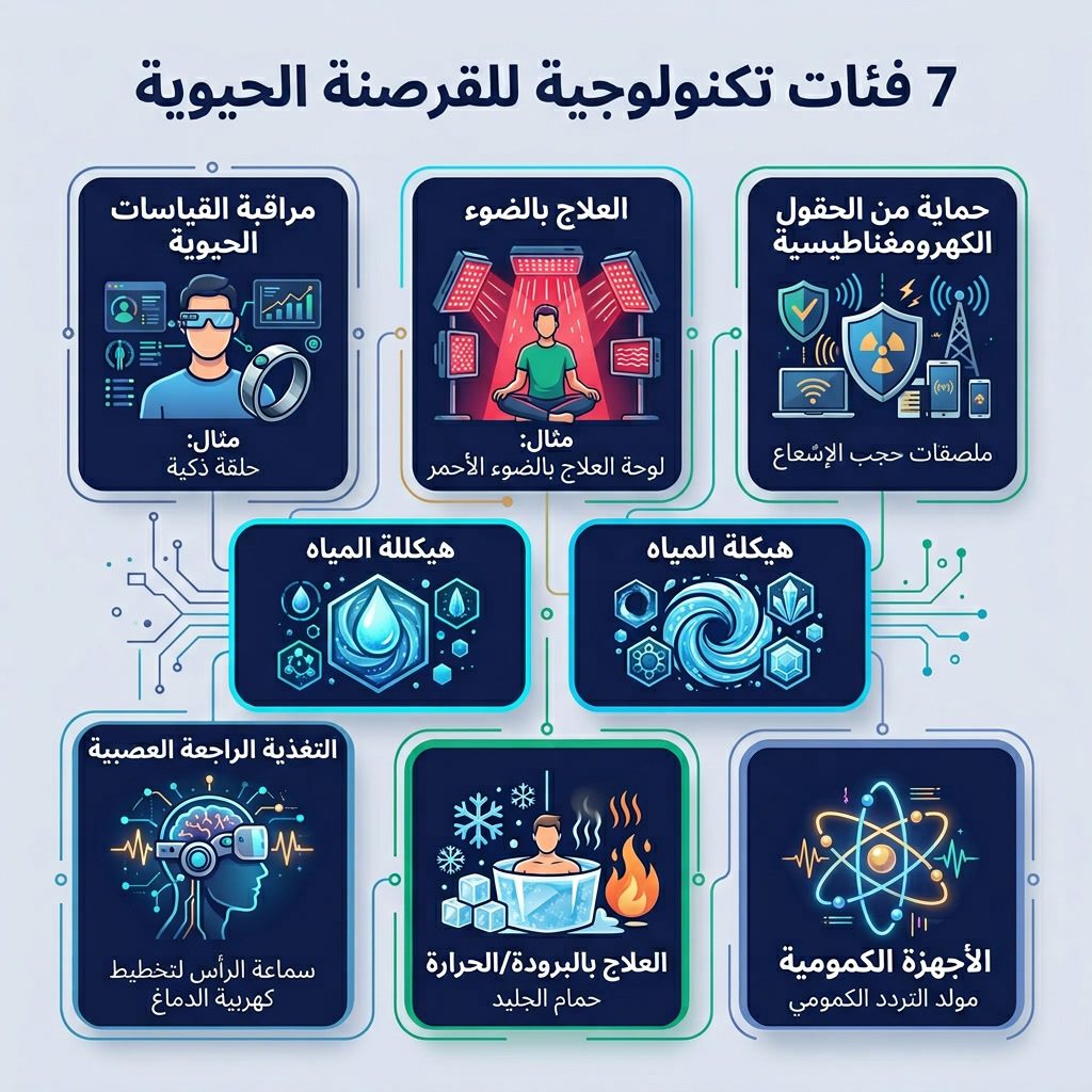 Infographic: '7 Biohacking Technology Categories' card grid. Categories: Biometric monitoring, Phototherapy, EMF protect