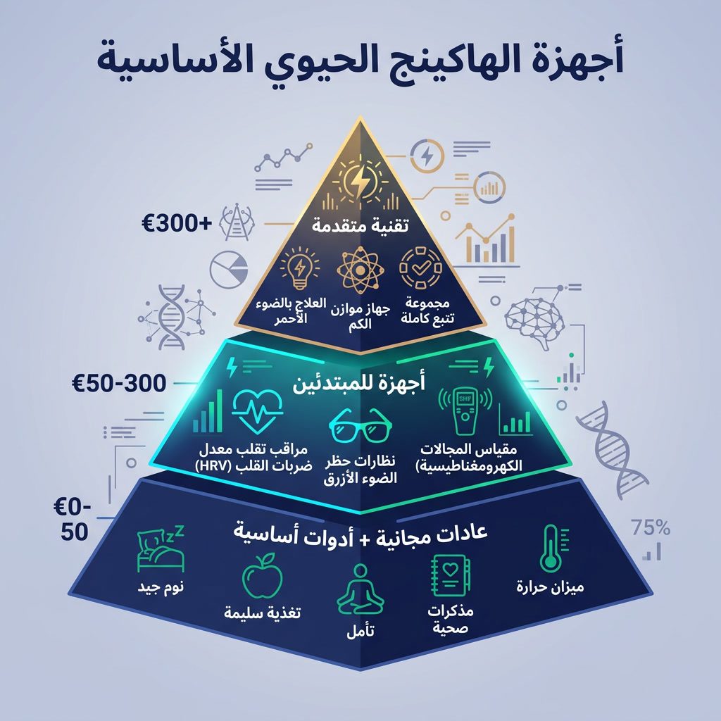 Infographic: 'Essential Biohacking Devices' tier pyramid. Bottom tier (€0-50): Free habits + basic tools. Middle tier (€