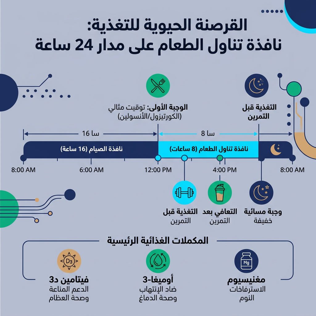 Infographic: 'Nutrition Biohacking' 24-hour eating window. Timeline showing: 16:8 intermittent fasting window, Optimal m