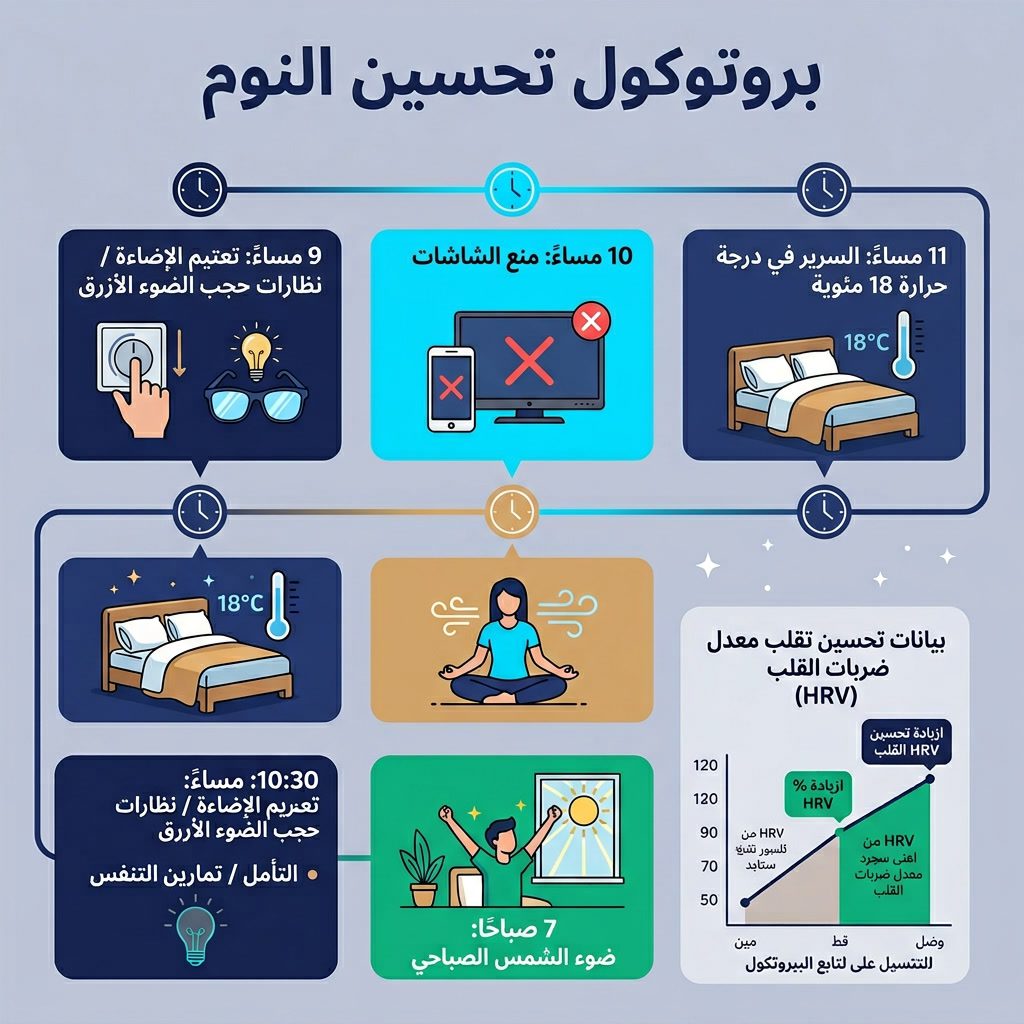 Infographic: 'Sleep Optimization Protocol' nighttime timeline 9PM-7AM. Color blocks: 9PM-dimmed lights/blue light glasse