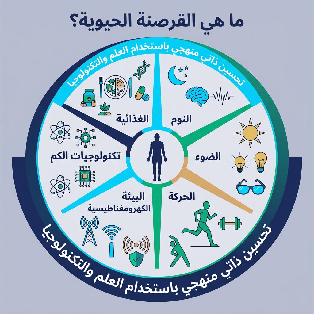 Infographic: 'What is Biohacking?' component wheel. Center: human silhouette. 6 spokes: Nutrition, Sleep, Light, Movemen