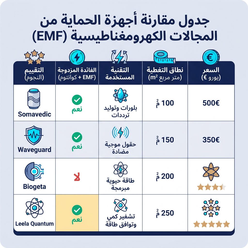 Infographic: 'EMF Protection Devices Compared' table. Products: Somavedic, Waveguard, Biogeta, Leela Quantum. Columns: P