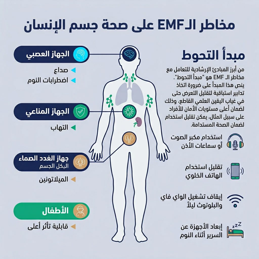 Infographic: 'EMF Health Risks' human body diagram. Body outline with affected systems labeled: nervous system (headache