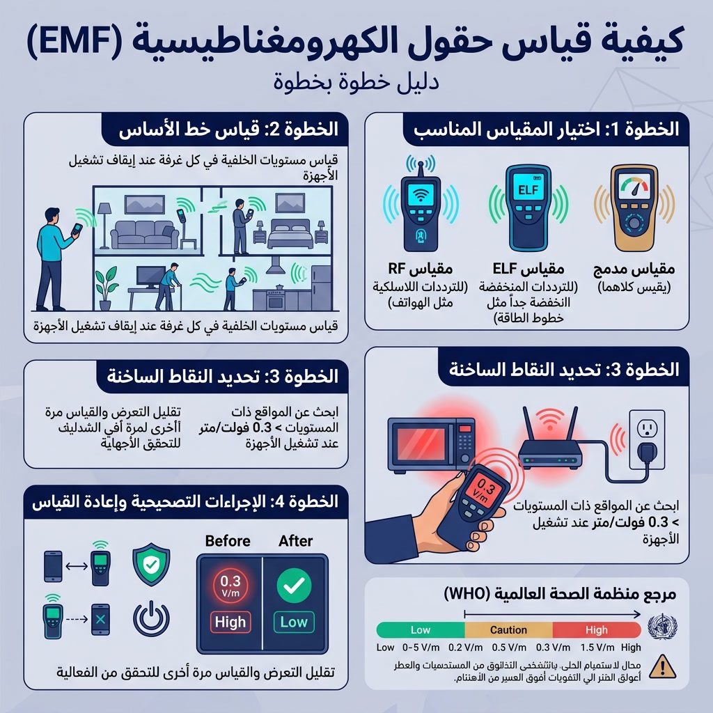 Infographic: 'How to Measure EMF Fields' 4-step guide. Step 1: Choose meter (RF vs ELF vs combined). Step 2: Baseline me