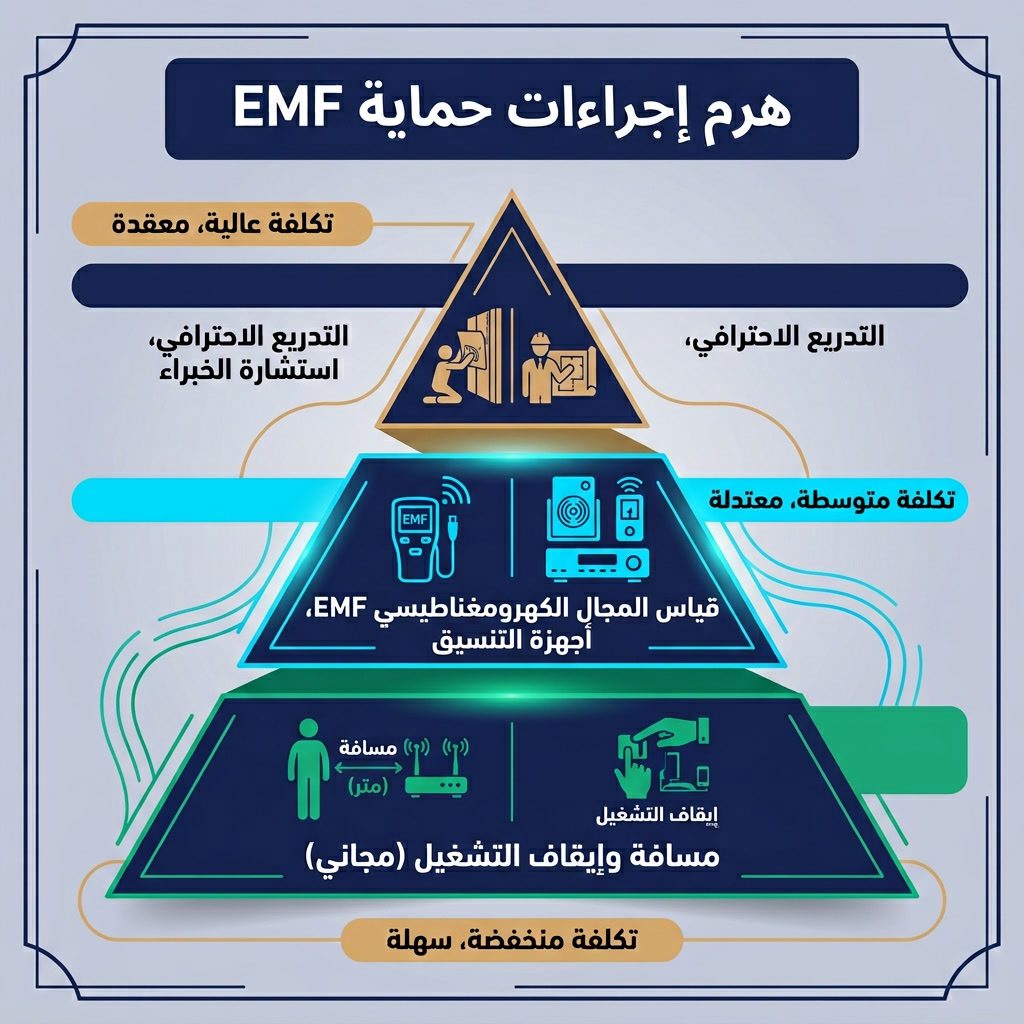 Infographic: 'EMF Protection Measures' action pyramid. Bottom: Distance and switching off (free). Middle: EMF measuremen