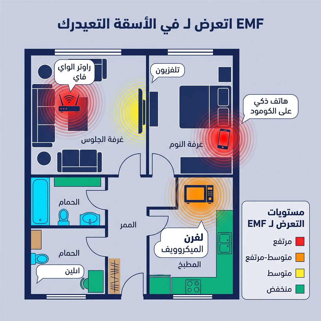 Infographic: 'EMF Sources in the Modern Home' apartment floor plan. Rooms with EMF hotspots: WiFi router (red), smartpho