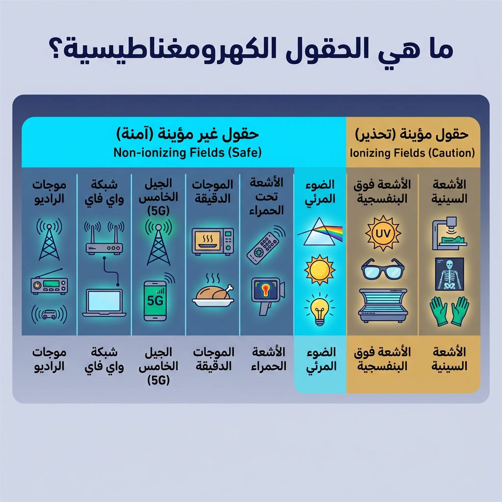 Infographic: 'What are Electromagnetic Fields?' horizontal spectrum. From left: radio waves, WiFi, 5G, microwave, infrar