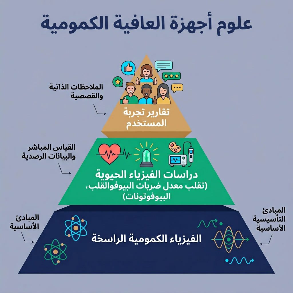 Infographic: 'Science of Quantum Wellness Devices' evidence pyramid. Bottom: Established quantum physics. Middle: Biophy