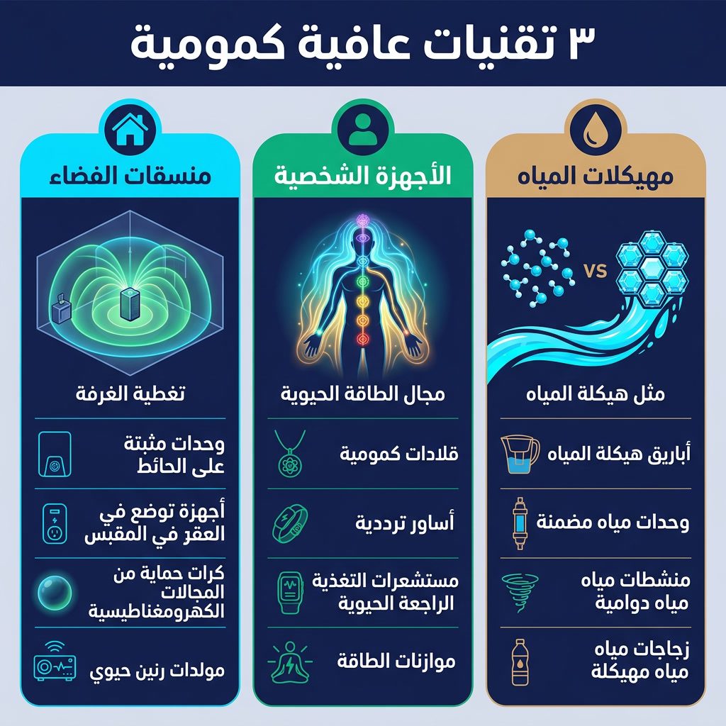 Infographic: '3 Quantum Wellness Technologies' column layout. Column 1: Space Harmonizers (house icon, room coverage). C