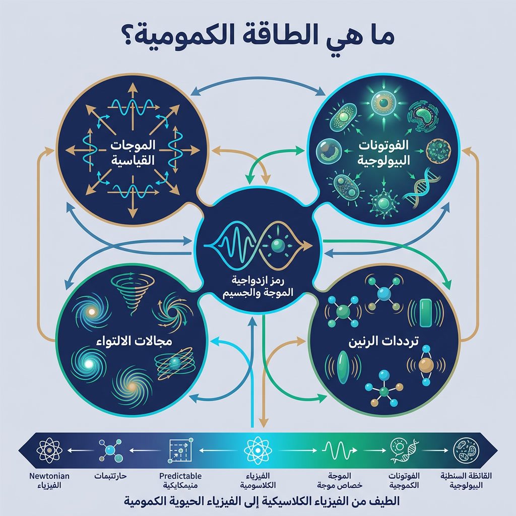 Infographic: 'What is Quantum Energy?' concept map. Center: wave-particle duality symbol. Surrounding bubbles: Scalar Wa