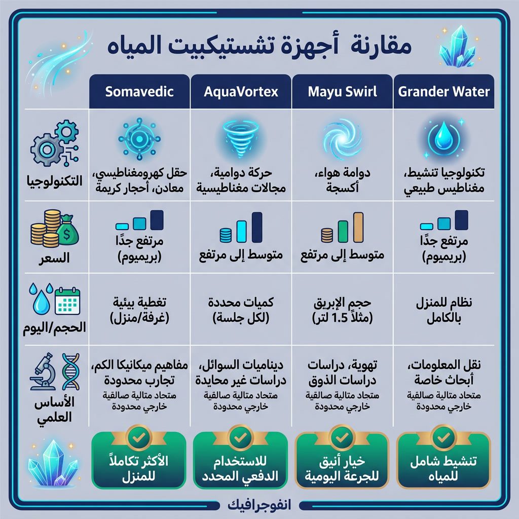 Infographic: 'Water Structuring Devices Compared' comparison table. Products: Somavedic, AquaVortex, Mayu Swirl, Grander