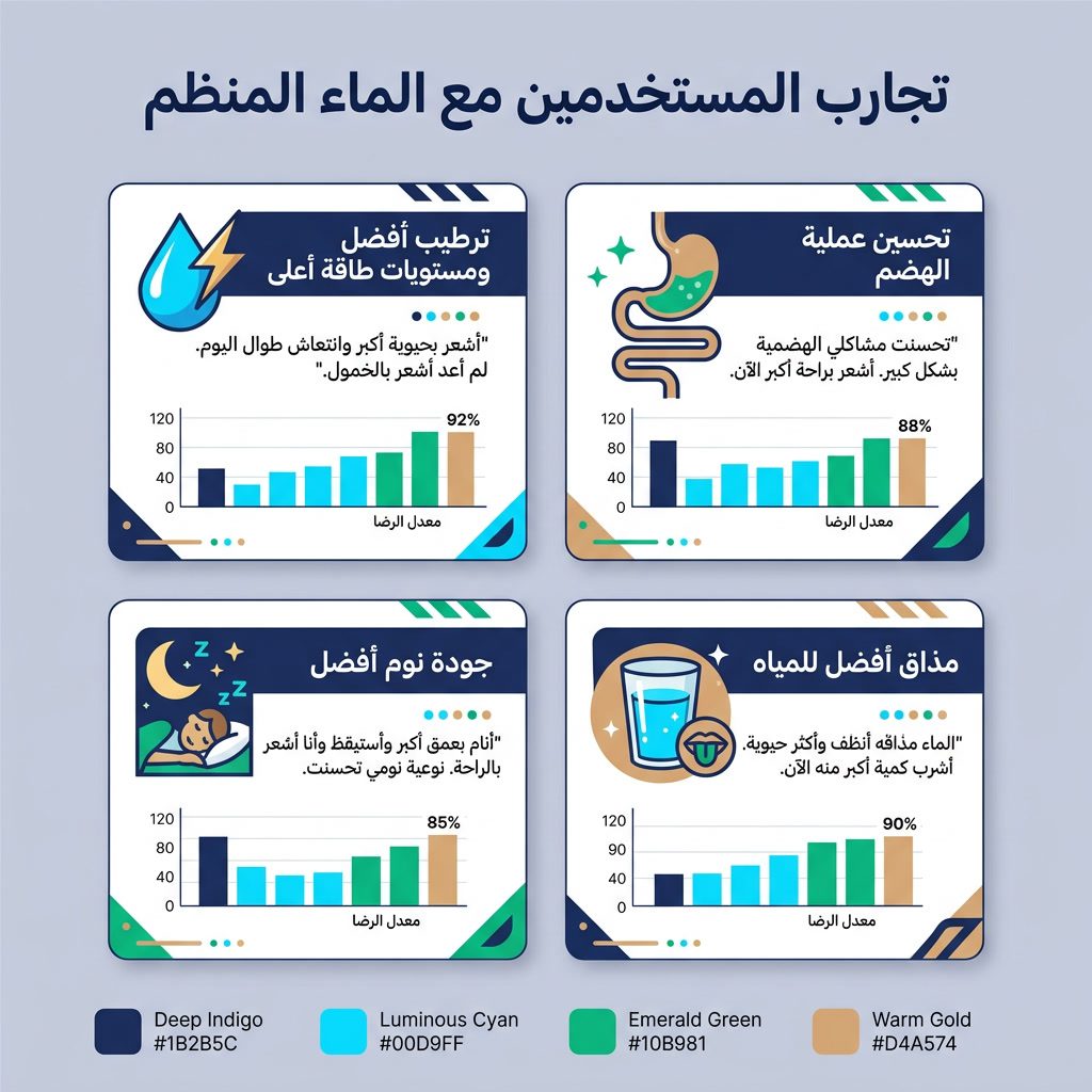 Infographic: 'User Experiences with Structured Water' testimonial cards. 4 cards with reported benefits: Better hydratio