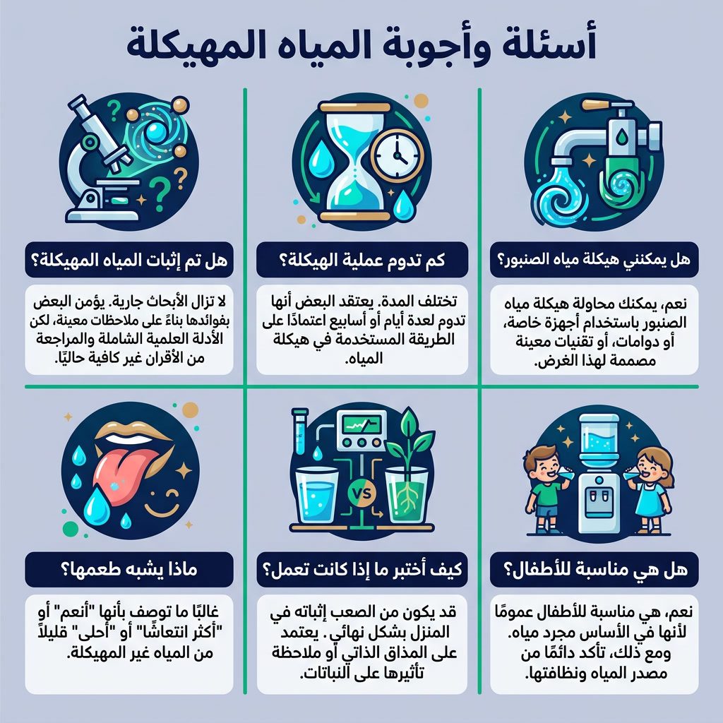 Infographic: 'Structured Water FAQ' 6-panel grid. Questions: Is structured water proven? How long does structuring last?