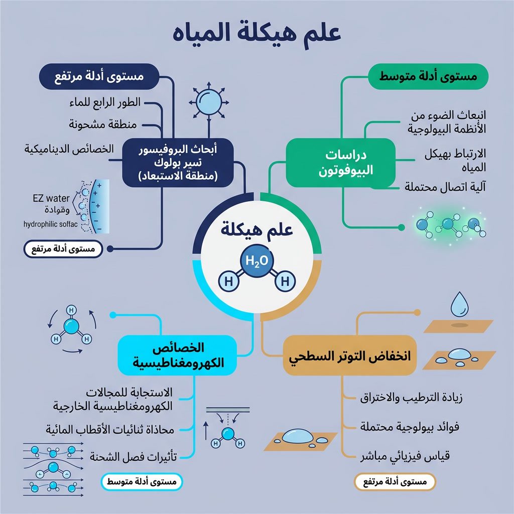 Infographic: 'Water Structuring Science' mind map. Center: H2O molecule. Branches: Prof. Pollack research (exclusion zon