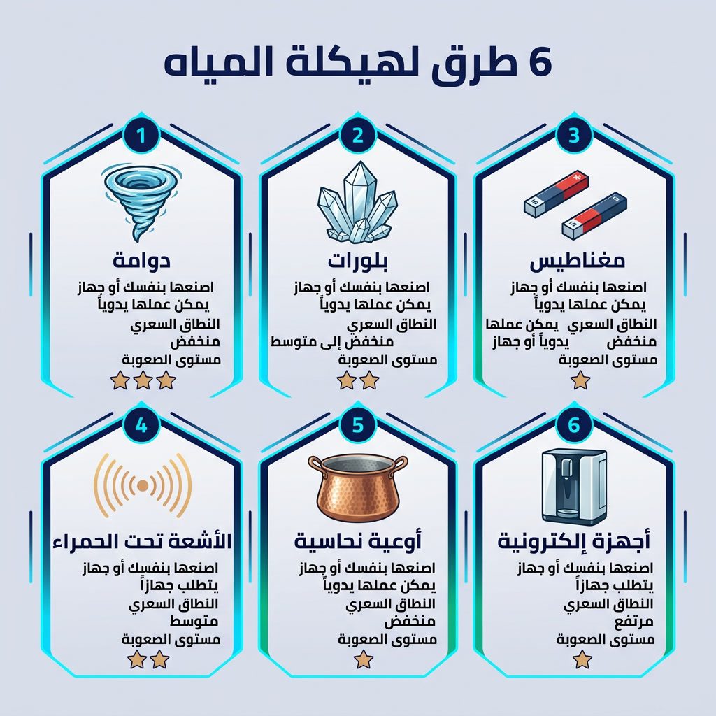 Infographic: '6 Water Structuring Methods' hexagonal grid. Hexagons: 1-Vortex, 2-Crystals, 3-Magnets, 4-Infrared, 5-Copp