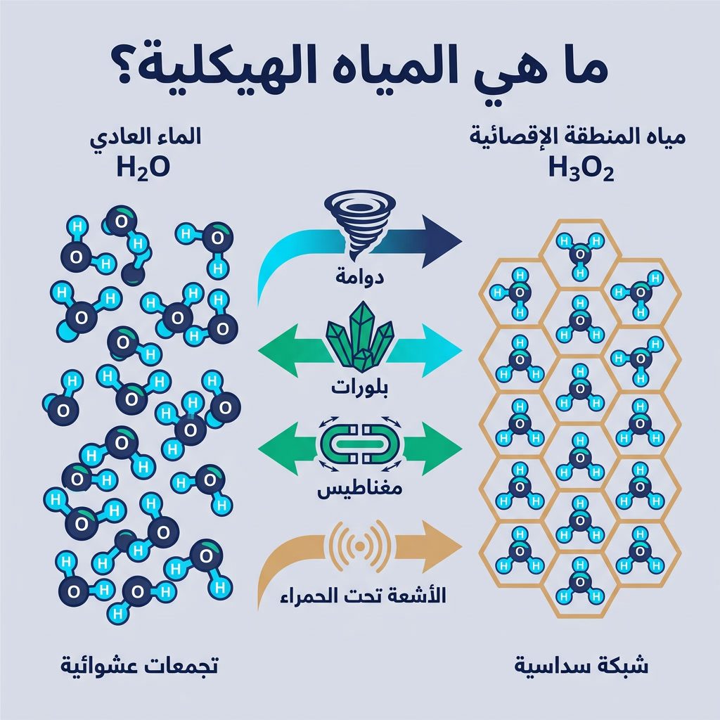 Infographic: 'What is Structured Water?' molecular comparison. Left: regular H2O (random clusters). Right: EZ water H3O2
